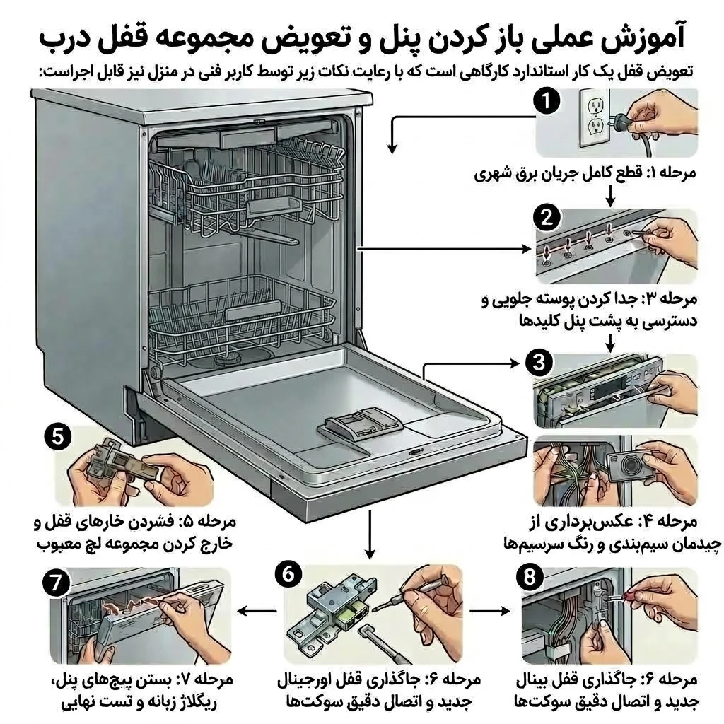 مراحل تعویض قفل و سیم‌کشی درب ظرفشویی